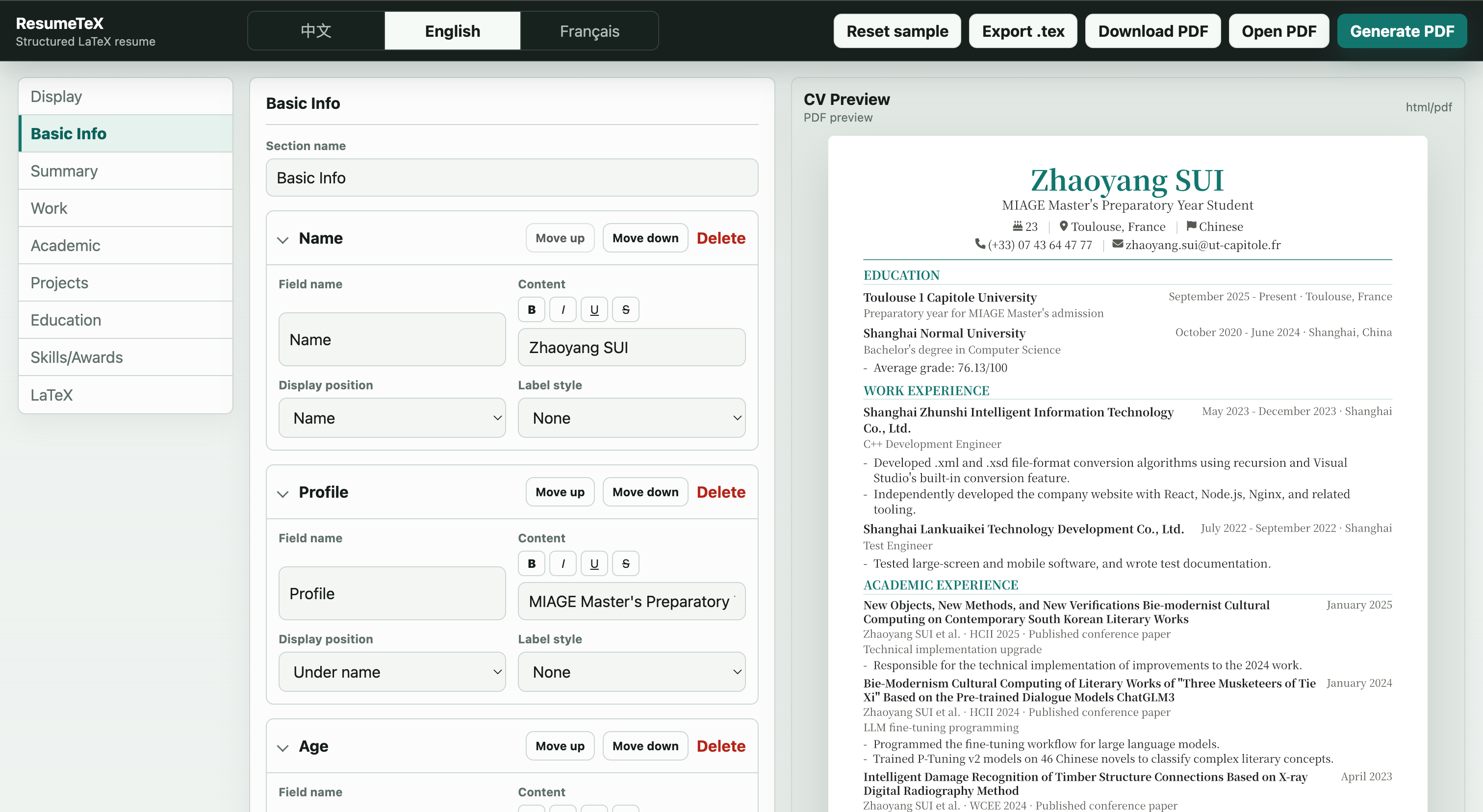 ResumeTeX screenshot